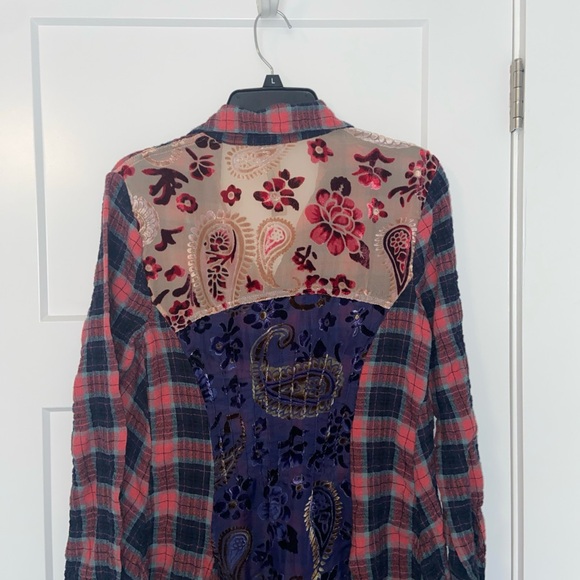 Aratta Silent Journey Womens Top Sz Medium Plaid Mixed Media Velvet Burnout - Picture 10 of 14